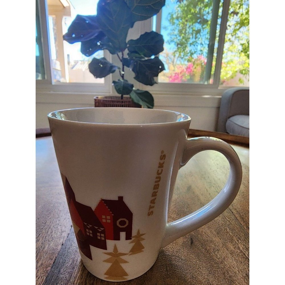 2013 Starbucks Christmas Holiday Red Village Gold Trees Coffee Cup Mug 13oz